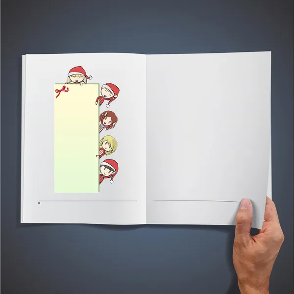 Un gruppo di bambini con il costume di Babbo Natale con un cartello vuoto dentro un libro. Illustrazione vettoriale . — Vettoriale Stock