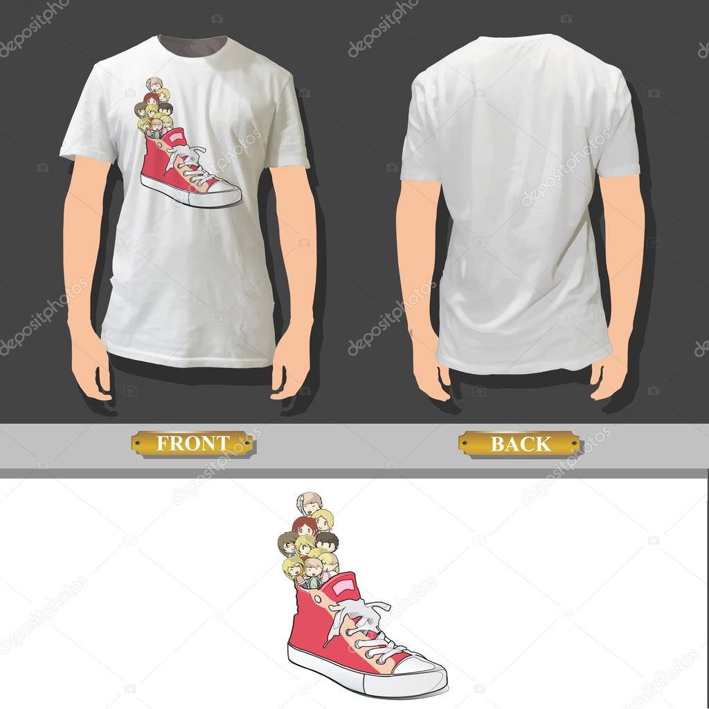 Scarpa rossa con bambini stampato sulla camicia bianca disegno vettoriale — Vettoriale Stock