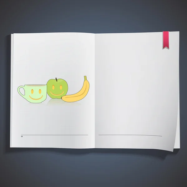 Tazza di frutta e caffè stampata su libro bianco, disegno vettoriale — Vettoriale Stock