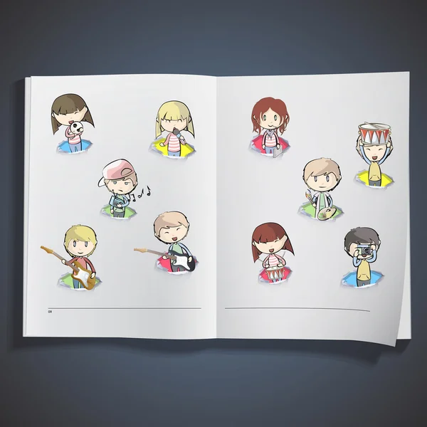 Music group inside hole paper printed on white book, Vector design — Stockvector