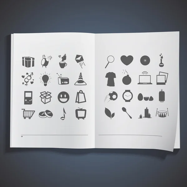 Collection of icons printed on white book — Stock Vector