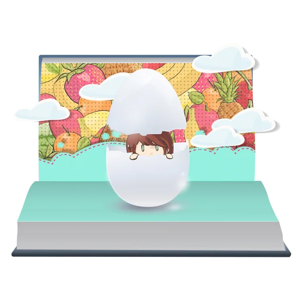 Meisje binnen een gebroken ei op boek. vector ontwerp. — Stockvector