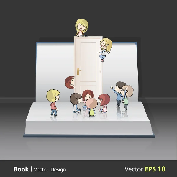 Kids around white door on isolated background. Vector design. — Stock Vector