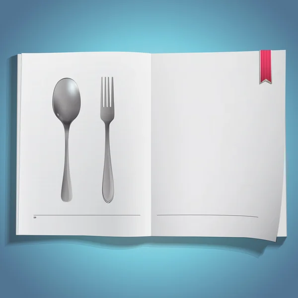 Forchetta realistica e cucchiaio stampati sul libro. Design vettoriale . — Vettoriale Stock