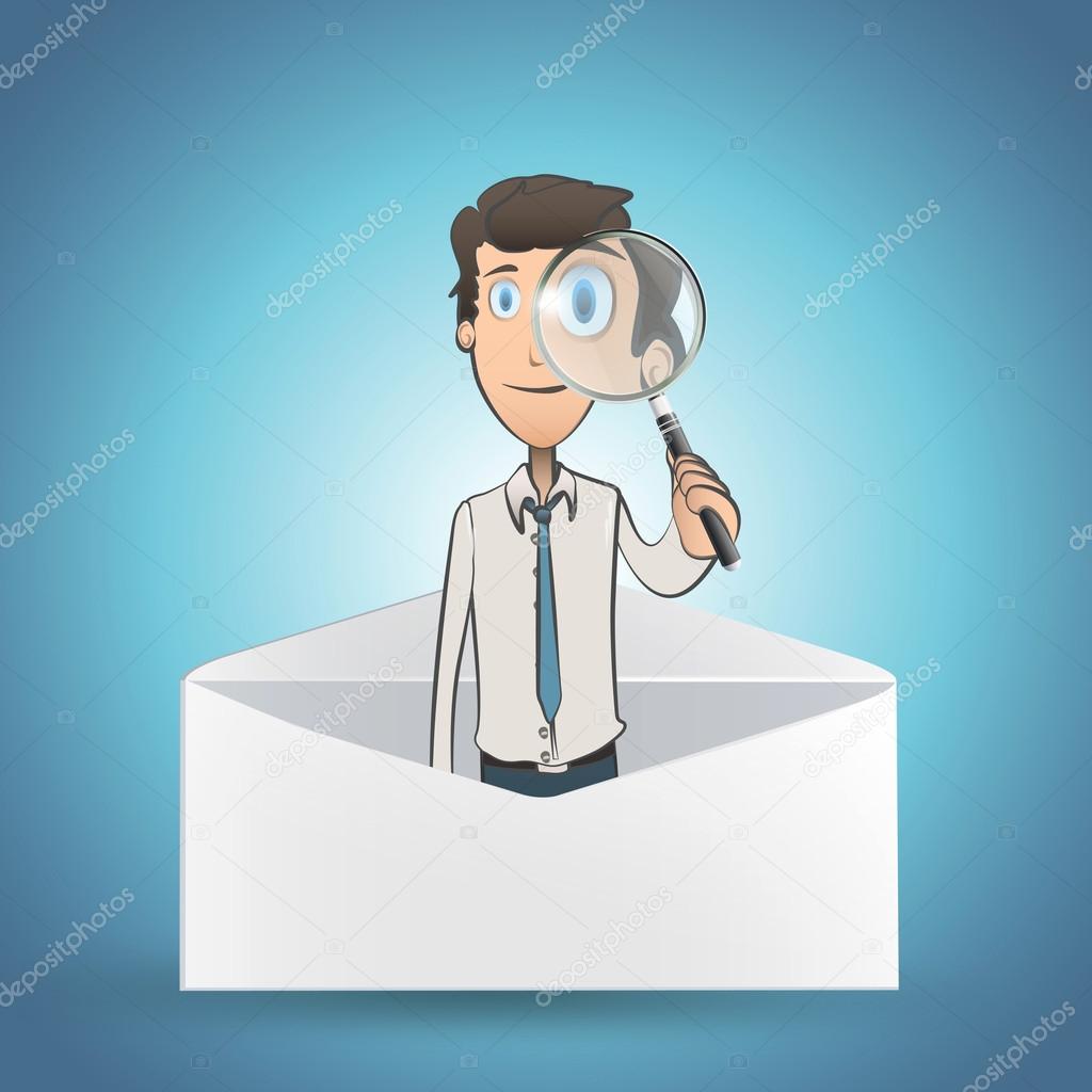 Business man with magnifying glass inside envelope. Vector design.