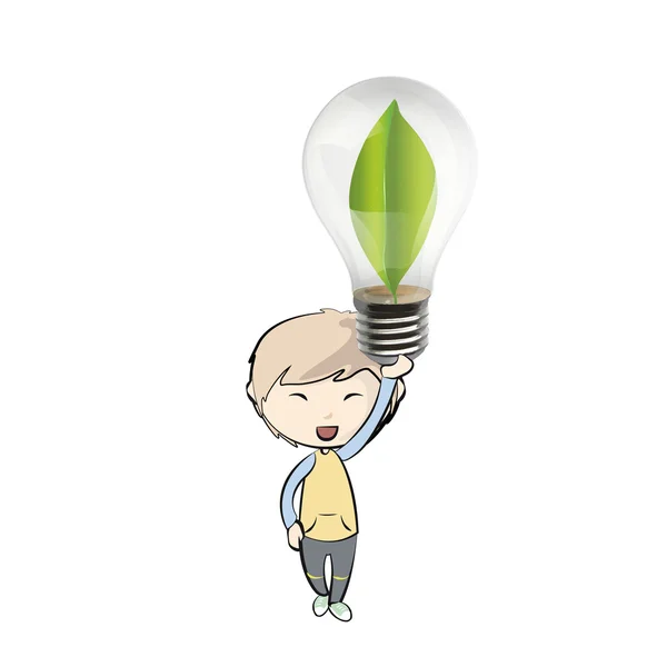 Kind hält Glühbirne mit grünem Laken drinnen. Vektordesign — Stockvektor