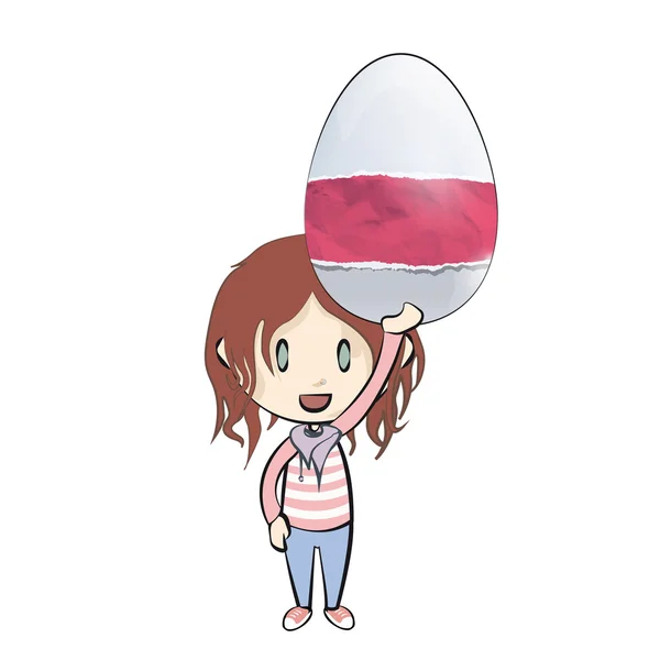Menina segurando um ovo de Páscoa com desenhos bonitos. Projeto vetorial . — Vetor de Stock