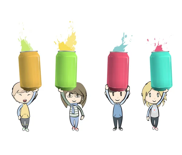 Crianças segurando latas coloridas. Projeto vetorial — Vetor de Stock