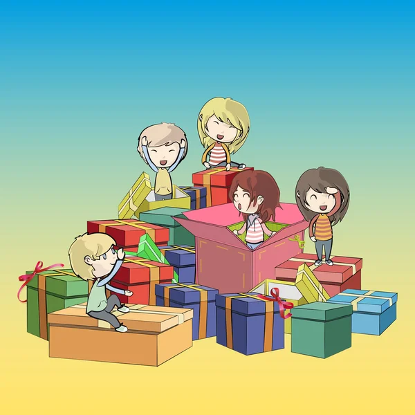 Gyerekek körül sok ajándékot. vektoros illusztráció. — Stock Vector