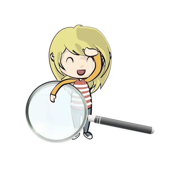 Chica sosteniendo una lupa sobre fondo blanco. Diseño vectorial . — Vector de stock