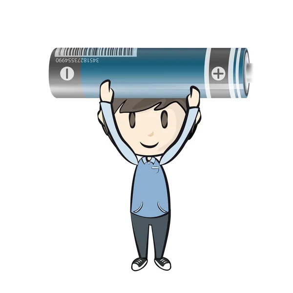 Kid holding a realistic battery. Vector design. — Stock Vector