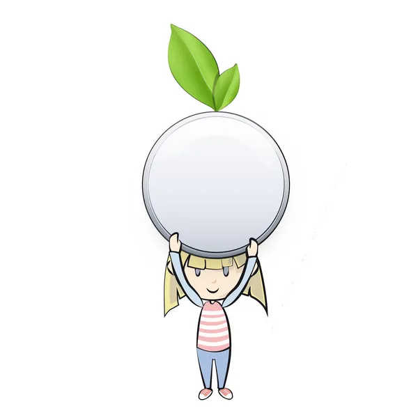 Girl holding a white button with leaf. Vector design. — Stock Vector