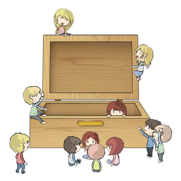 Dzieci wokół drewniane pudełko — Wektor stockowy
