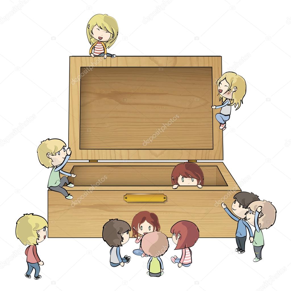 Kids around wood box