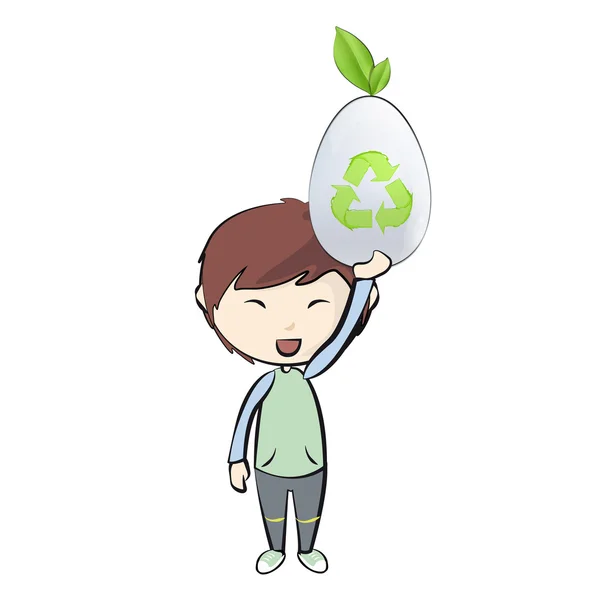 Niño sosteniendo un huevo blanco con icono de reciclaje. Diseño vectorial . — Vector de stock