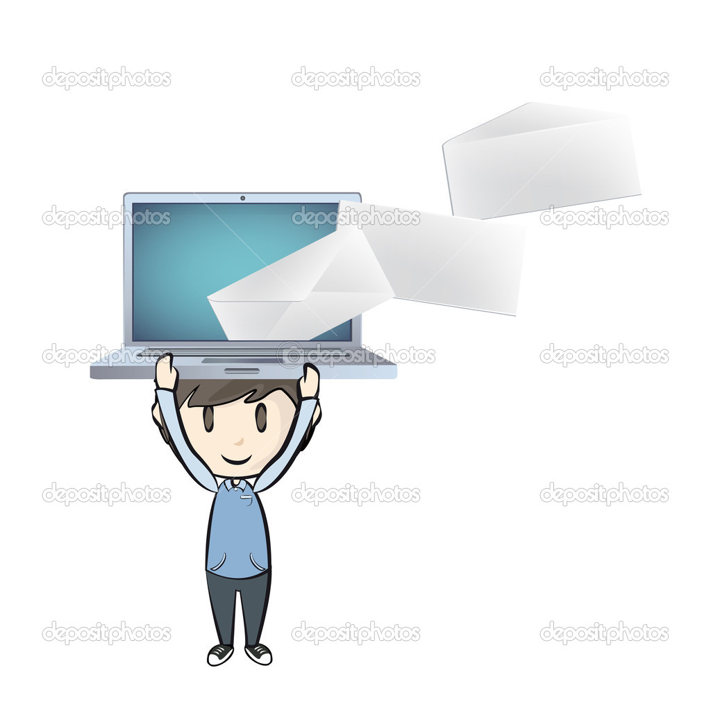 Boy holding a modern laptop with envelope inside. Vector illustration.