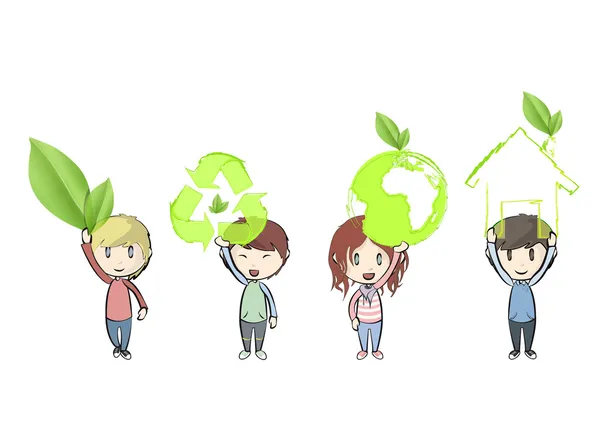 Kids holding ecological icons. Vector design. — Stock Vector