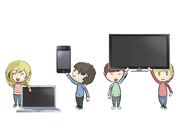 Дети держат компьютер, телефон и телевизор. Векторный дизайн — стоковый вектор