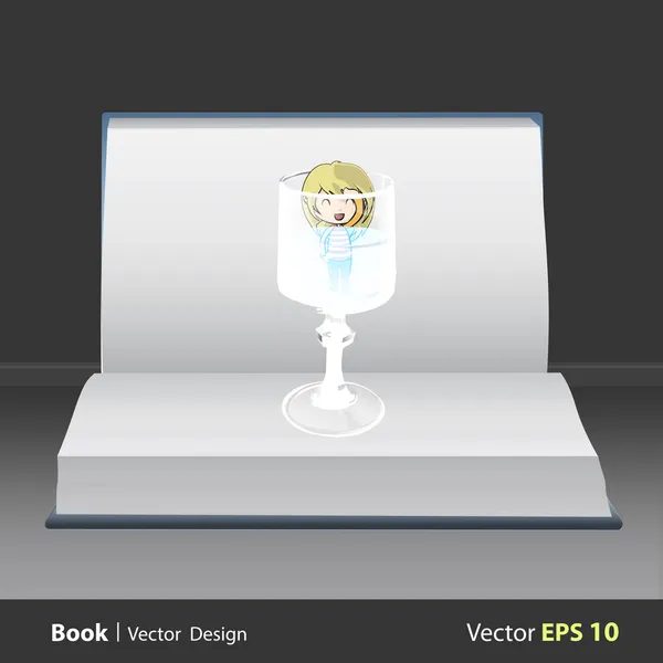 Ragazza in vetro d'acqua sul libro. Design vettoriale — Vettoriale Stock