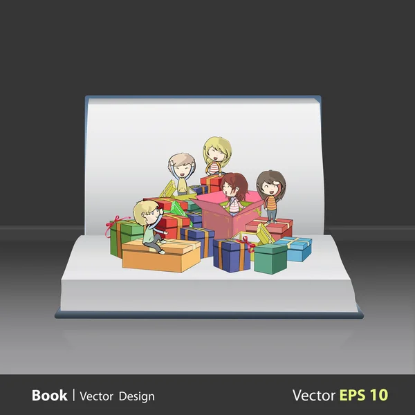 Kids around many gifts on book. Vector design — Stock Vector