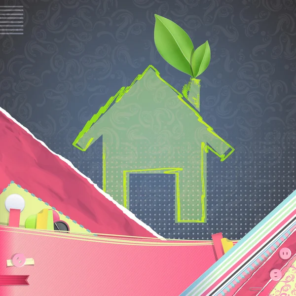 Icon of a house with a leaf over vintage background. Vector design. — Stock Vector