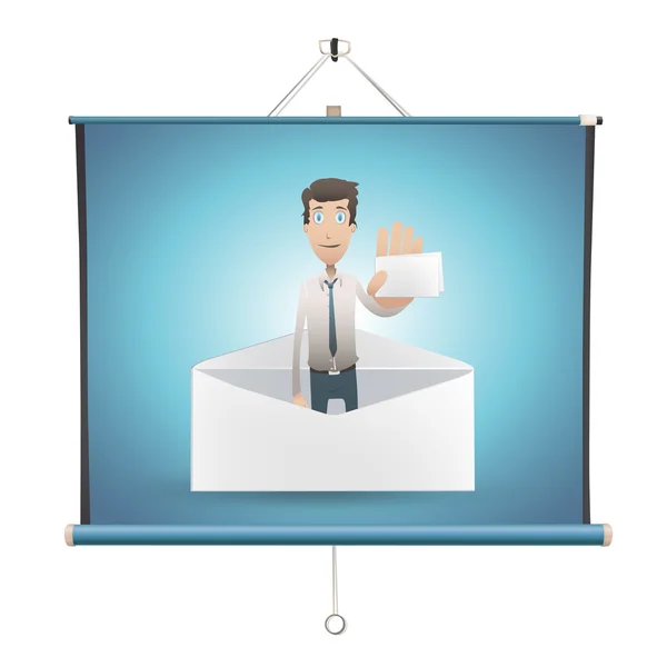 Business man holding card over projector screen. Vector design — Stock Vector