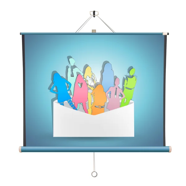 Collection of silhouette models inside envelope over projector screen. Vector design — Stock Vector