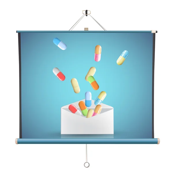 Collection of pills inside envelope over projector screen. Vector design — Stock Vector