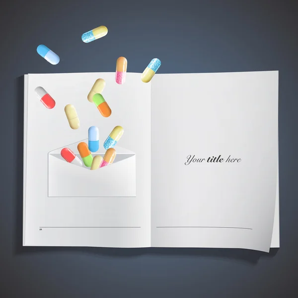 Collection of pills inside envelope printed on book. Vector design — Stock Vector