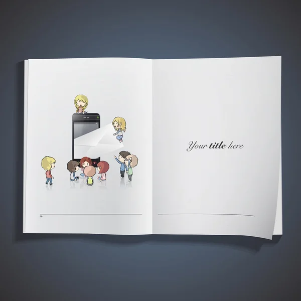 Kids around phone sending an envelope printed on book. Vector design — Stock Vector