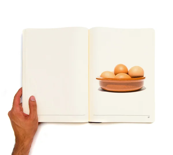 Группа яиц внутри керамической чаши, напечатанной на белой книге . — стоковое фото