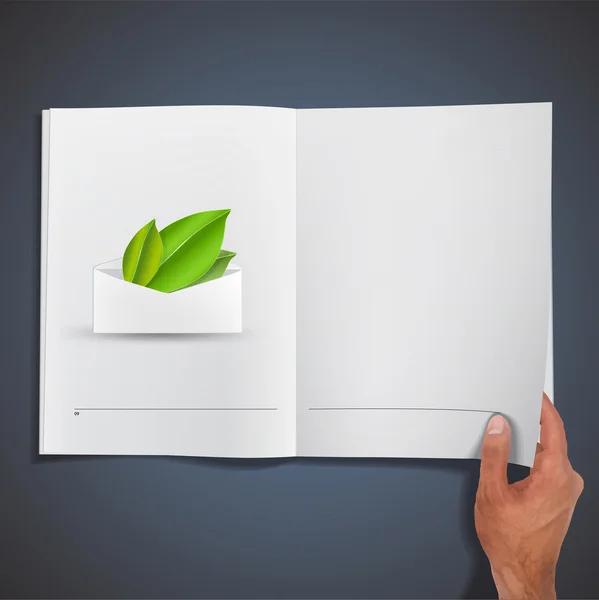 Green leaves inside envelope printed on book. Vector design — Stock Vector