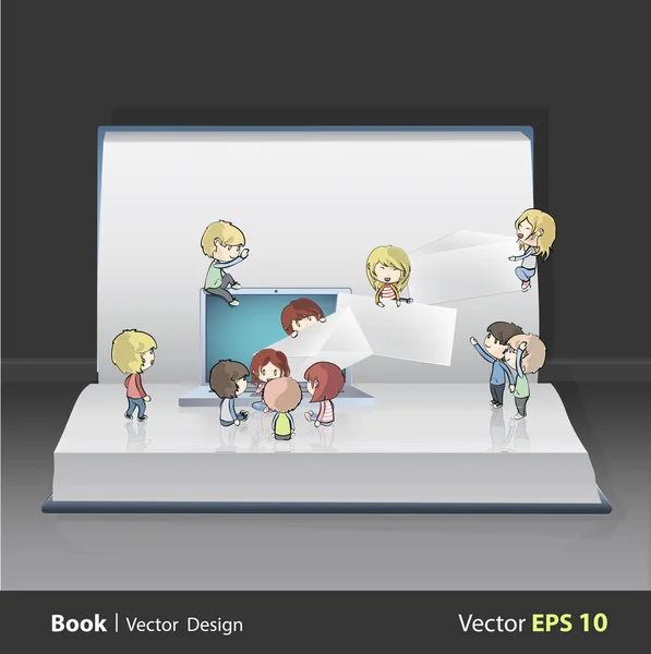 Niños alrededor del ordenador portátil impreso en el libro. diseño de vectores. .. Diseño vectorial — Vector de stock