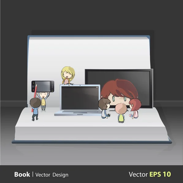 Дети держат телевизор, компьютер, CD и телефон внутри белой книги. вектор — стоковый вектор