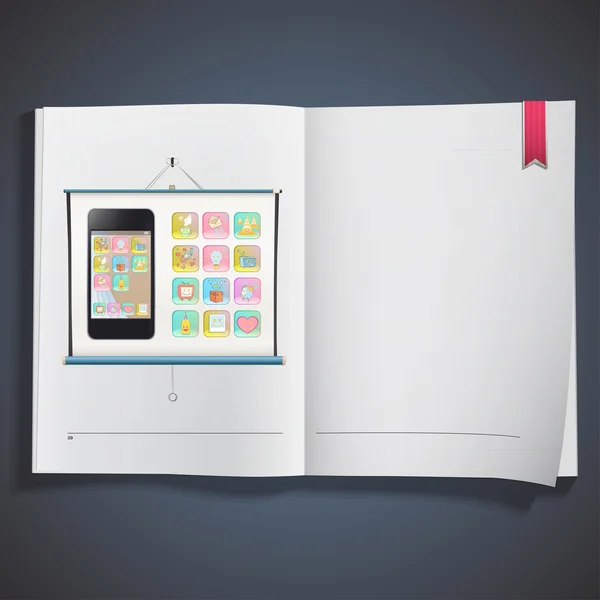 Teléfono de regalo con varios iconos impresos en el libro. diseño vectorial . — Vector de stock