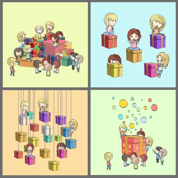 Serie di bambini intorno a molti regali. Illustrazione vettoriale . — Vettoriale Stock
