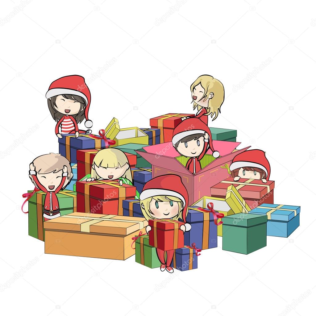 Bambini con Babbo Natale costume intorno regali disegno vettoriale — Vettoriale Stock