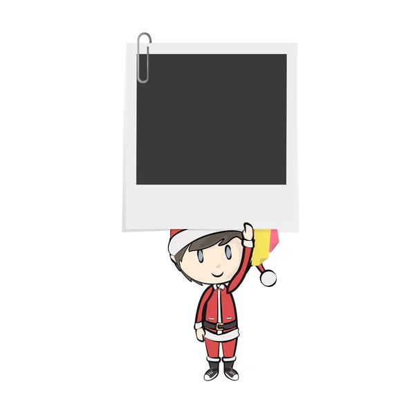 Niño con traje de Papá Noel sosteniendo una foto. Diseño vectorial — Vector de stock