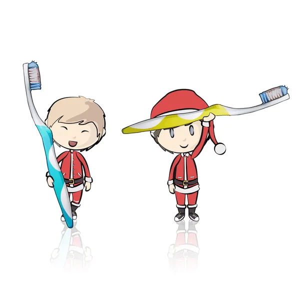 Kids with Santa Claus costume holding toothbrush. Vector design — Stock Vector