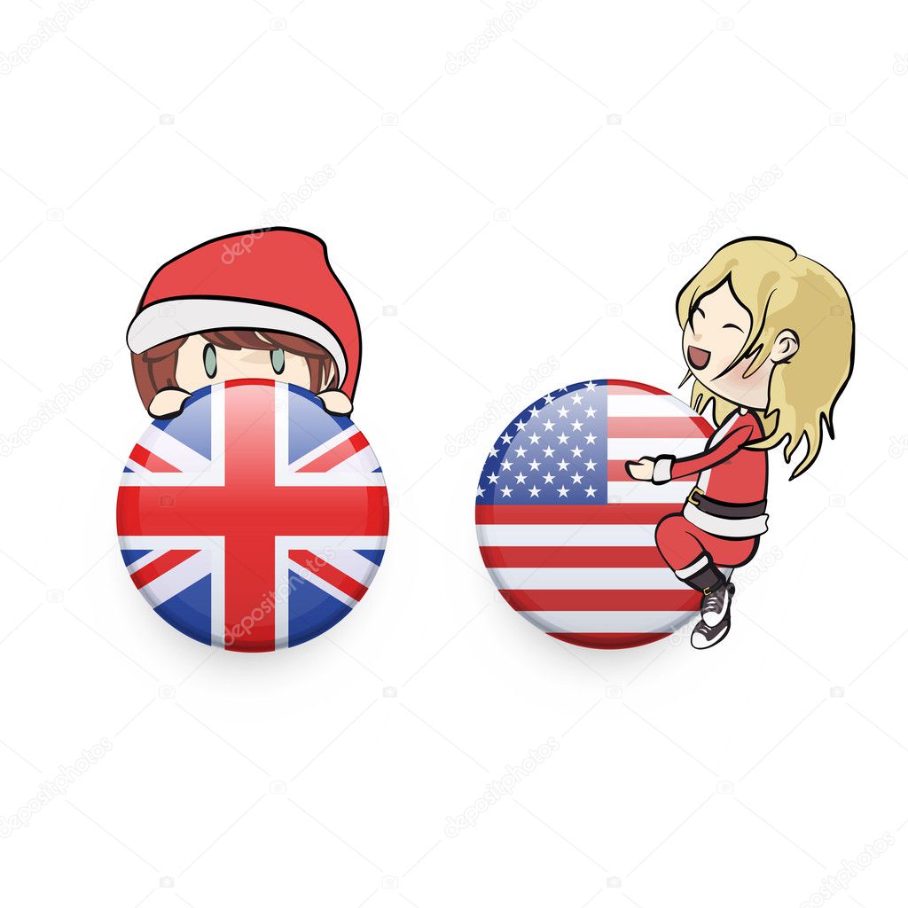 Kids with Santa Claus costume holding english buttons. Vector de