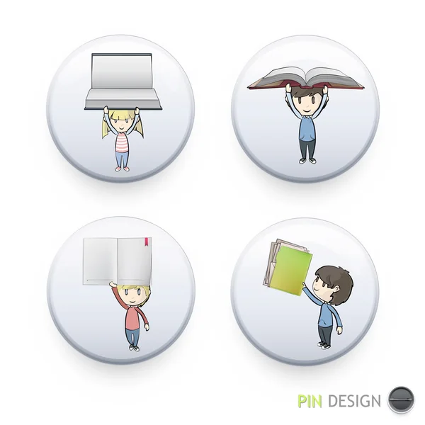 Kids holding books printed on button. Vector design — Stock Vector