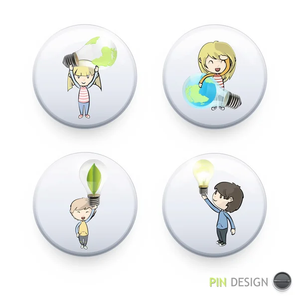 Kids holding eco light bulbs printed on button. Vector design — Stock Vector