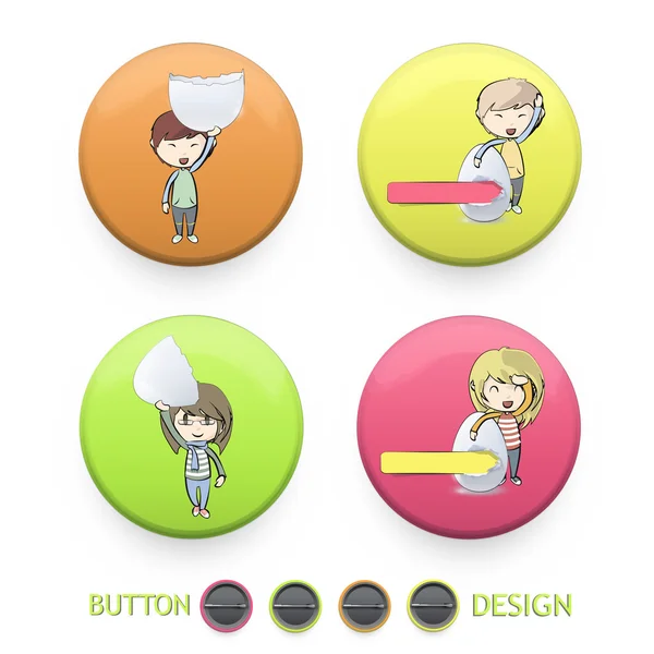 Kinderen houden paaseieren afgedrukt op kleurrijke knop. vector ontwerp — Stockvector