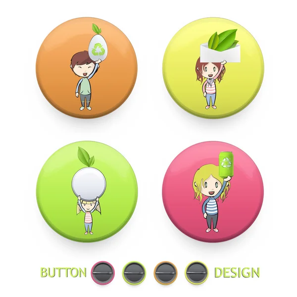 エコ オブジェクトを保持している子供はカラフルなボタンに印刷されます。ベクトルのデザイン — ストックベクタ
