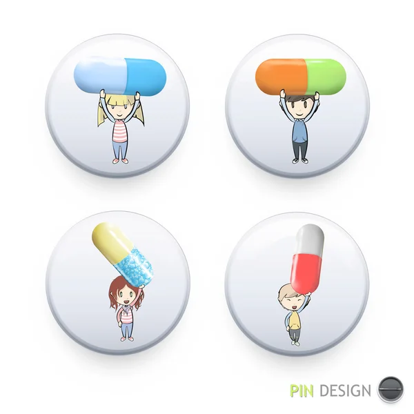 Friends holding colorful pill printed on button. Vector design — Stock Vector