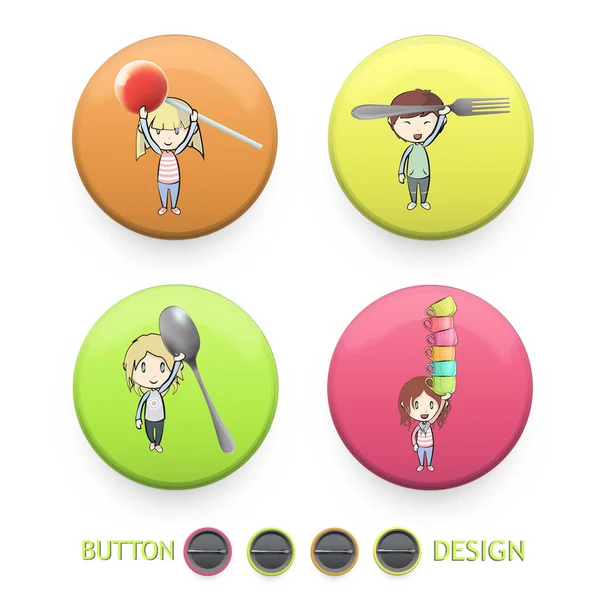 Kids holding tools printed on colorful button. Vector design — Stock Vector