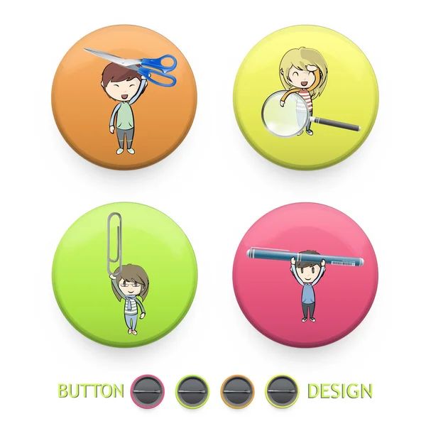 Kids holding tools printed on colorful button. Vector design — Stock Vector