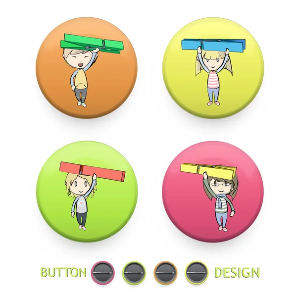 Kids holding clothespin printed on colorful button. Vector design — Stock Vector