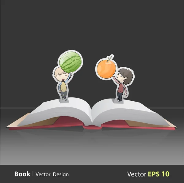 Des enfants tenant des fruits dans un livre pop-up. Conception vectorielle — Image vectorielle