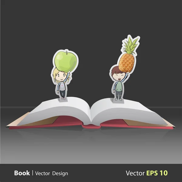 Crianças segurando frutas dentro do livro pop-up. Projeto vetorial — Vetor de Stock